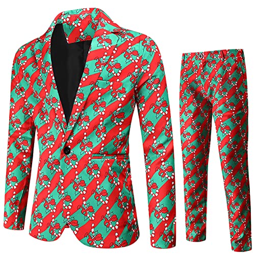 2 Piezas Chaqueta Chaleco Christmas Traje Suit Hombre-Chaqueta+ Pantalón,Chaqueta Navideña Roja con Estampado de árbol de Navidad