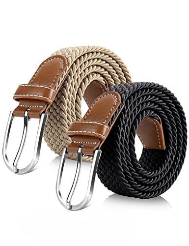 2 Piezas Cinturón Elastico Trenzado para Mujer y Hombre, Cinturón Elasticos Tejidos Comodo Casual Vintage con Hebilla de Metal (Negro, Beige)