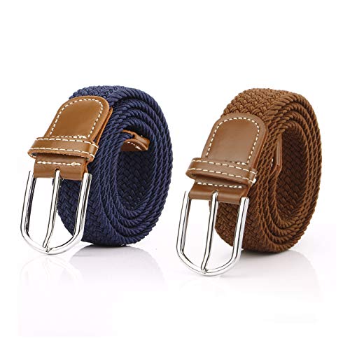 2 Piezas Cinturón Trenzado Elástico de Mujer Cinturones Hombre Elásticos Tejidos para Jeans Pantalones (Marrón y Azul Marino)