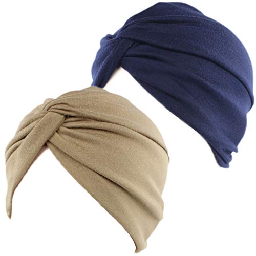 2 Piezas Gorros Turbantes para Mujer Cancer Pañuelos Cabeza Mujer Gorros de Dormir Algodón Elástico Frontal Cruzado Gorro Turbante Pelo Mujer para Pérdida de Pelo (Azul Marino+Caqui)
