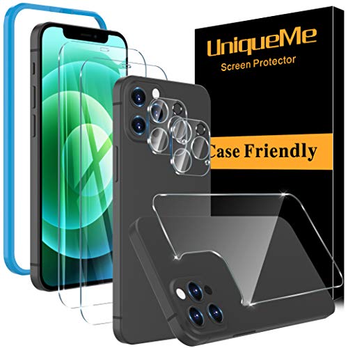 [2+2+1 Pack] UniqueMe Protector de Pantalla Compatible con iPhone 12 Pro Max (6.7 pulgadas) y Protector de lente de cámara y Protector de pantalla trasero Cristal Templado, [Cobertura máxima] HD