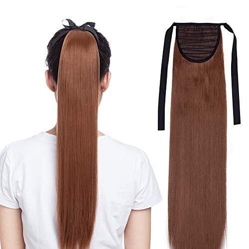 22"(55cm) Coleta Postiza Pelo Sintético Se Ve Natural con Cinta Extensiones de Cabello Clip Cola Postiza Pelucas Postizos Lisa (90g,Castaño Caoba Claro)