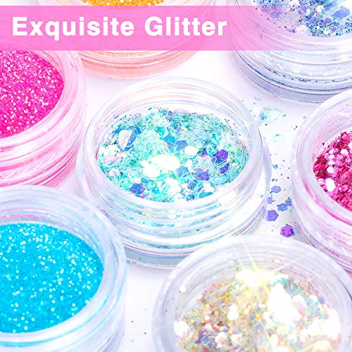 24 Colores Purpurinas Polvo, Glitter Acrilico Brillantes de Uñas con Cepillo de Uñas para Cara Nail Art Cabello Cuerpo Decoraciones para Brillo Uñas