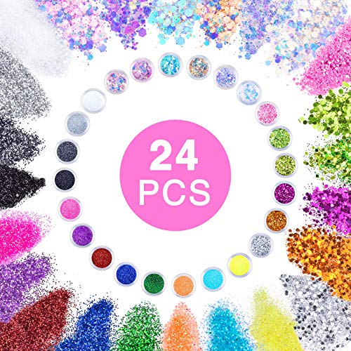 24 Colores Purpurinas Polvo, Glitter Acrilico Brillantes de Uñas con Cepillo de Uñas para Cara Nail Art Cabello Cuerpo Decoraciones para Brillo Uñas