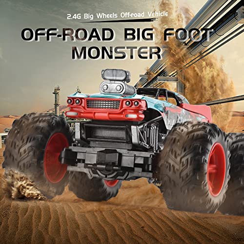 2.4G Bigfoot Monster Camioneta con Control Remoto, 4WD Desert Rock Climbing Recargable RC Car, 1/16 High Speed ​​Drifting RC Vehicle con Neumáticos De Goma Antideslizantes, Coche De Juguete