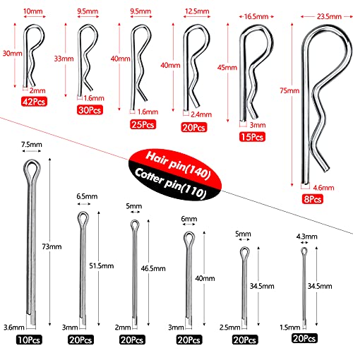 250 Piezas R Clips de Retención, Pasadores Partidos R Chaveta Pin de Acero Inoxidable Surtido Kit 12 Diferentes Tamaños para Remolque Tractor,Camión Ligero,Coche