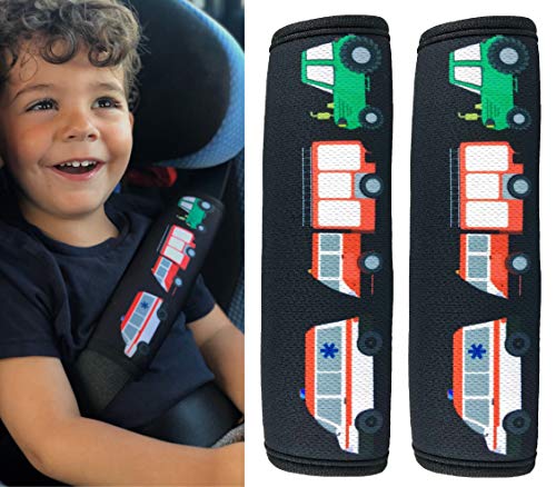 2x Protector para cinturón de seguridad HECKBO® con dibujos de camión de bomberos, ambulancia y tractor - para niños - Protector para cinturón, almohadilla para el hombro para el cinturón de seguridad