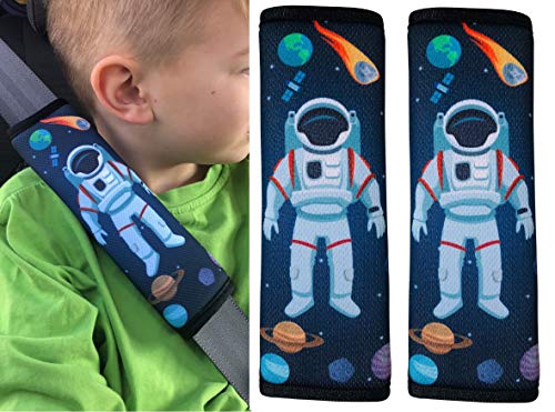 2x Protectores para cinturón de seguridad HECKBO® con dibujos de astronauta y del espacio exterior, protectores de hombros, almohadillas para el hombro, bicicleta, para sillín de bicicleta para niños