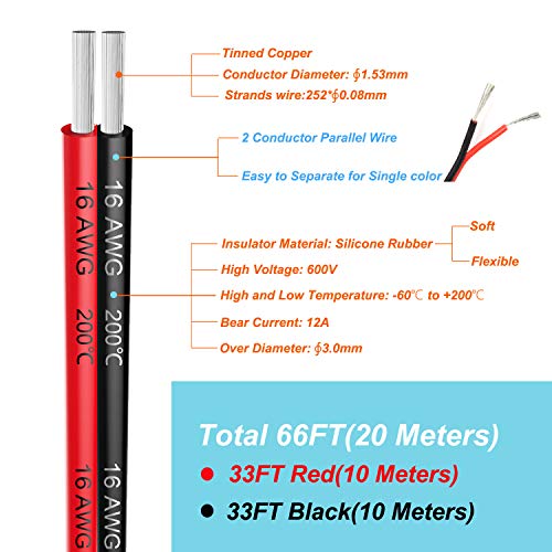 2x1.3 mm² Cable Alambres eléctrico de silicona de 2x10Metros 16awg Cable de cobre estañado trenzado sin oxígeno Resistencia a altas temperaturas 2 Conductor