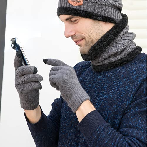 3 unids invierno cálido gorro bufanda y guantes de pantalla táctil conjunto calentador de cuello elástico cálido forro polar sombrero de punto para hombres, Negro, 7-7 1/2