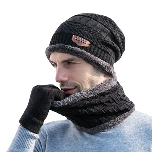 3 unids invierno cálido gorro bufanda y guantes de pantalla táctil conjunto calentador de cuello elástico cálido forro polar sombrero de punto para hombres, Negro, 7-7 1/2