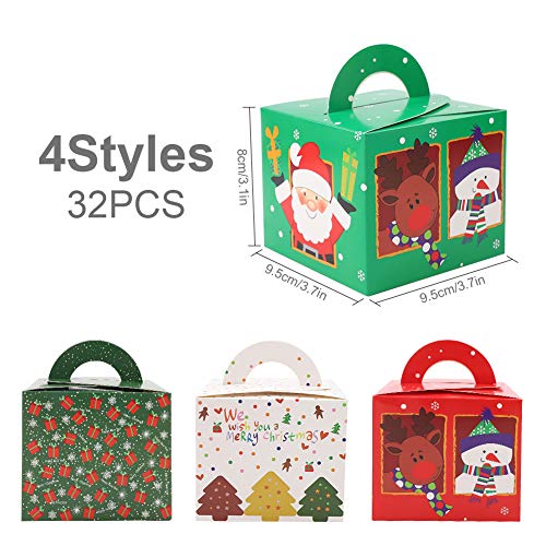 32 Pieces Bolsas de Papel Navideñas con 36 Etiquetas Navideñas y Cinta Navideña, Caja de Papel de Navidad Fácil de Plegar para Decoraciones Navideñas