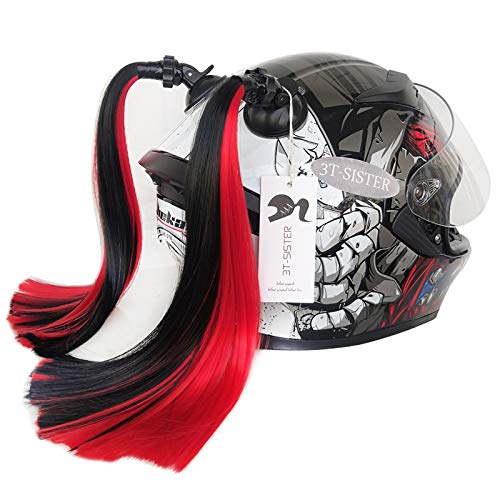 3T-SISTER Casco Pigtails Gradient Ramp Casco de cola de caballo con ventosa Decoración para el cabello para motocicleta Bike 2 piezas 14 pulgadas (negro rojo)