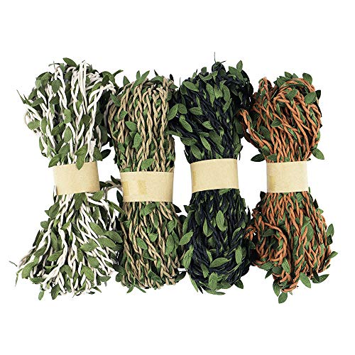 40M Cuerda Trenzada de Cáñamo Natural, NogaMoga Hilo Yute y Cinta con Hoja Verdes Artificial, 4 Color Cuerda Arpillera para Guirnalda de Flores Decoración, Jardinería, Boda, Fiesta