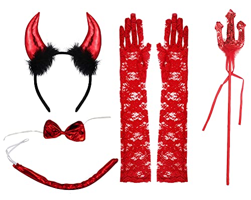 6 PCS Disfraz de Diablo de Rojo Brillante para Halloween, Accesorios Completos para Disfraz de Diablo, Diadema de Cuerno, Pajarita, Cola, Horquilla de Diablo, Guantes y Capa de Demonio Vampiro