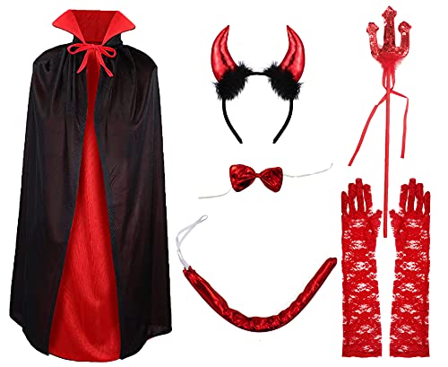 6 PCS Disfraz de Diablo de Rojo Brillante para Halloween, Accesorios Completos para Disfraz de Diablo, Diadema de Cuerno, Pajarita, Cola, Horquilla de Diablo, Guantes y Capa de Demonio Vampiro
