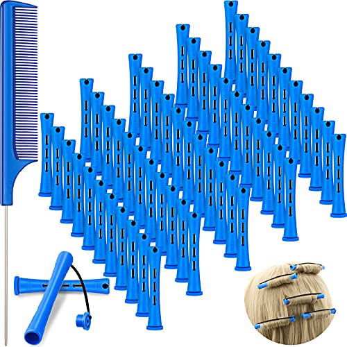 60 Varillas de Permanente de Cabello Varillas Cortas de Onda Fría Varillas de Permanente de Plástico Rizadores de Pelo con Peine de Cola de Acero Peine de Cola de Rata (Azul, 0,35 Pulgadas)