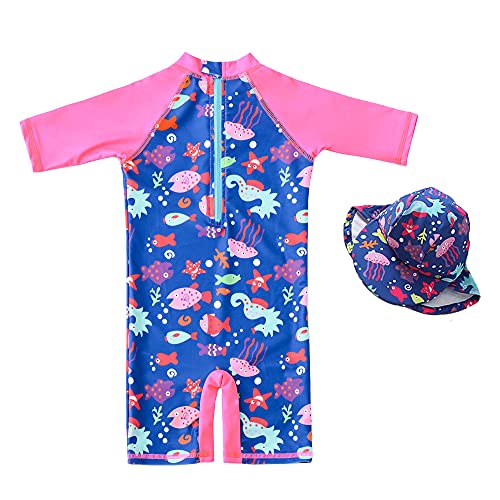 7-Mi Bañador para niña de una pieza, protección UV 50+, traje de baño con cremallera y sombrero para el sol., peces, 9-12 Meses