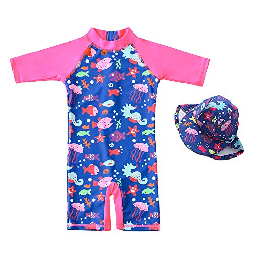 7-Mi Bañador para niña de una pieza, protección UV 50+, traje de baño con cremallera y sombrero para el sol., peces, 9-12 Meses