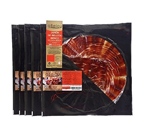 aBeiou. Plato de JAMON IBERICO DE BELLOTA CORTADO A MANO. Corte manual, plato autocierre. Curado +36 meses en Guijuelo (Salamanca). Certificado garantía Hycer. 500gr (5 platos de 100gr).