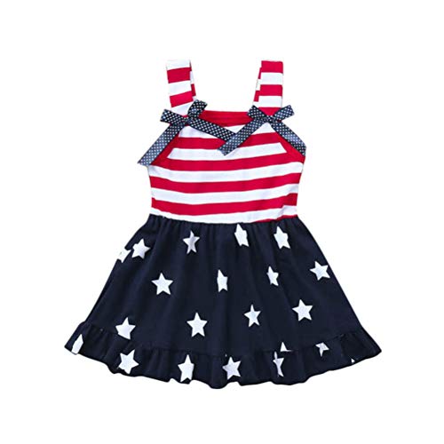 ABOOFAN Vestido de verano para niñas de la independencia americana, falda de rayas de estrella de cinco puntas, para niños, con lazo, nudo de princesa (código 80)