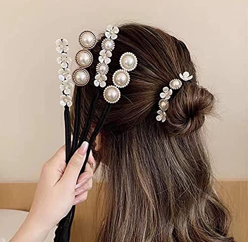 ABYK Juego de 4 piezas para hacer bollos mágicos con perlas y flores de espuma de esponja para moño y donuts para rizar, accesorios para el cabello, herramientas de bricolaje para mujeres y niñas