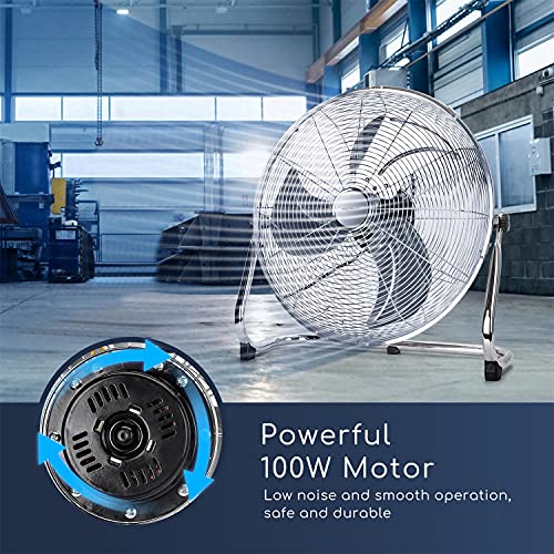 Aigostar Clover 33QNV - Ventilador Industrial Power Fan, 100W 3 Velocidades Ventilador de Suelo Silencioso, Ajustable 135º, 3 Aspas Metálicas, 46cm Diseño Completo de Metal Cromado
