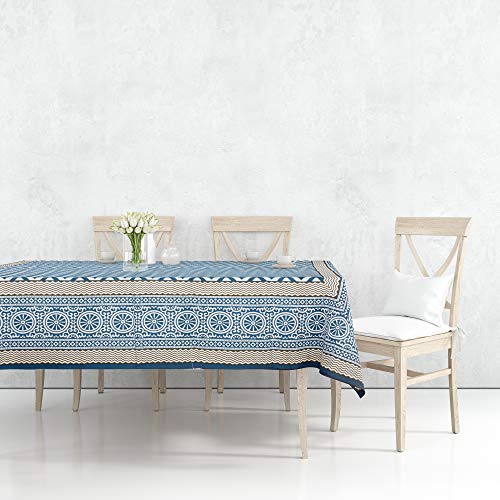 Ajuny Mantel cuadrado de 4 plazas, diseño de rueda de chevron, algodón azul, para decoraciones de mesa de comedor, 150 x 150 cm