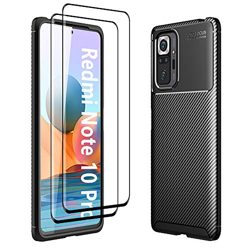ALAMO Funda Ultra de Silicona para el Xiaomi Redmi Note 10 Pro, Carcasa Fibra de Antigolpes Bumper [con 2 Pack Protector de Vidrio Templado para Pantalla ] - Negro