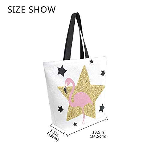 ALAZA Bolsas de compras reutilizables con diseño de flamenco, color rosa, con estrella dorada, bolsa de almacenamiento de comestibles, bolsa de viaje plegable