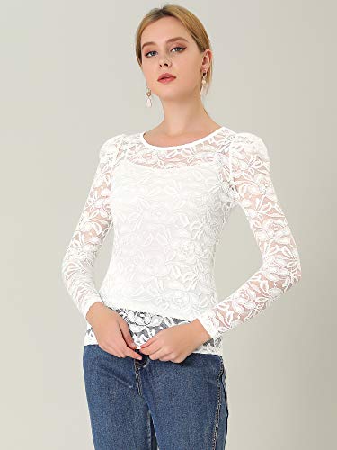 Allegra K Camisetas De Encaje De Blusa Bordada De Manga Larga con Soplo Semitransparente Vintage Elegante para Mujer Blanco M