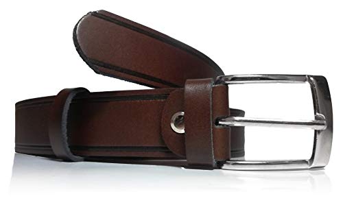 almela - Cinturón de hombre - Piel legitima - 3 cm de ancho - Cuero - Económico - 30mm - Hebilla níquel brillo (Marrón, 100)