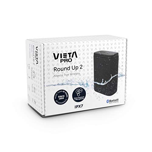Altavoz Round Up 2 de Vieta Pro, con Bluetooth 5.0, True Wireless, Micrófono, Radio FM, 12 Horas de autonomía, Resistencia al Agua IPX7 y Entrada Auxiliar; Acabado en Color Negro