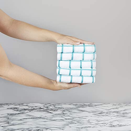 Amazon Brand – Eono Paños de Cocina de Rizo de algodón - 100 % Muy absorbentes - Ideales para secar Cristales en restaurantes, Bares y cocinas - 40 x 64 cm - Juego de 5 - Verde Azulado