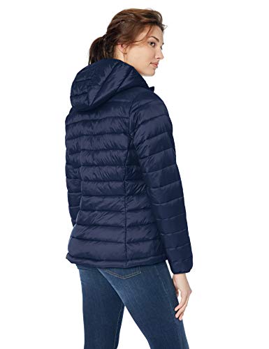 Amazon Essentials - Chaqueta acolchada con capucha para mujer, plegable, ligera y resistente al agua, Azul (navy), US L (EU L-XL)
