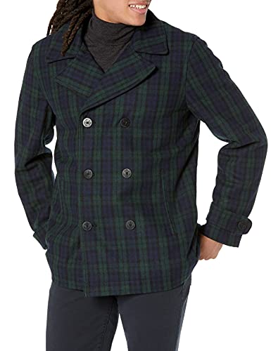 Amazon Essentials Wool Blend Heavyweight Peacoat Abrigo de Guisante, Negro, Cuadros Escoceses, XL