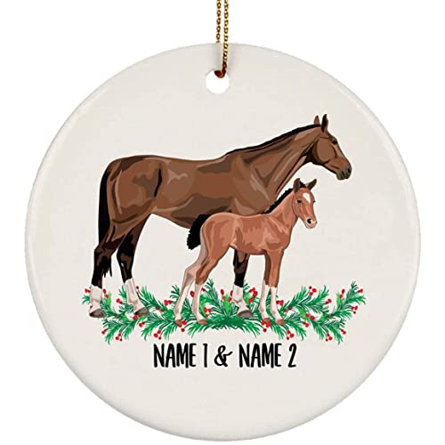 AMIROSSI Regalo personalizado de nombre de yegua y potro para mujeres, regalos de caballo de texto personalizado 2021 Círculo de adornos de árbol de Navidad