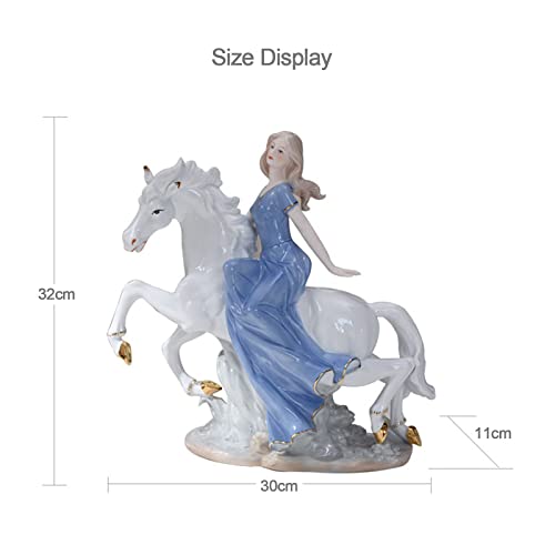 AMYZ Figuras de Porcelana Escultura de Estatua de una niña Montando un Caballo,Decoraciones de cerámica Modernas para Sala de Estar,Chica de Montar