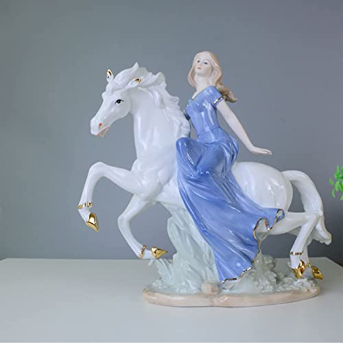 AMYZ Figuras de Porcelana Escultura de Estatua de una niña Montando un Caballo,Decoraciones de cerámica Modernas para Sala de Estar,Chica de Montar