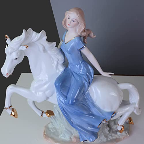 AMYZ Figuras de Porcelana Escultura de Estatua de una niña Montando un Caballo,Decoraciones de cerámica Modernas para Sala de Estar,Chica de Montar