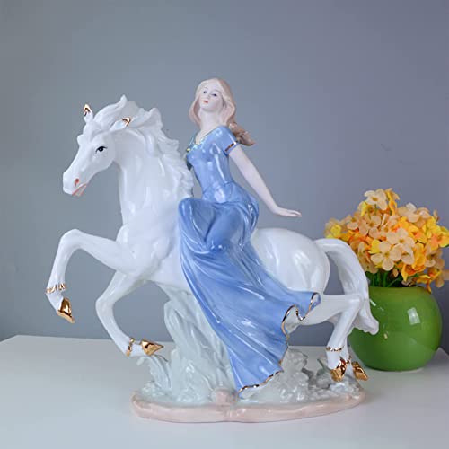 AMYZ Figuras de Porcelana Escultura de Estatua de una niña Montando un Caballo,Decoraciones de cerámica Modernas para Sala de Estar,Chica de Montar