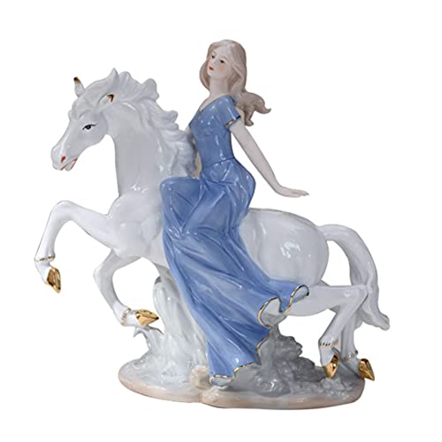 AMYZ Figuras de Porcelana Escultura de Estatua de una niña Montando un Caballo,Decoraciones de cerámica Modernas para Sala de Estar,Chica de Montar