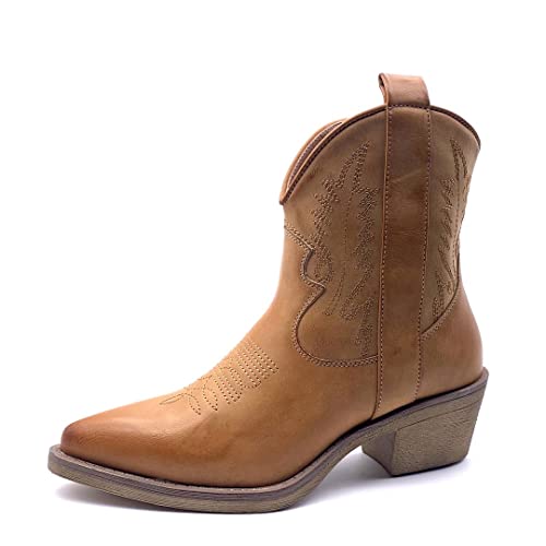 Angkorly - Zapatillas Moda Botines Botas Santiags Cowboy Vaquero Western Biker - Moto Mujer Acabado Costura Pespunte Western 5.5 CM - Camel 2 KMD01 T 41