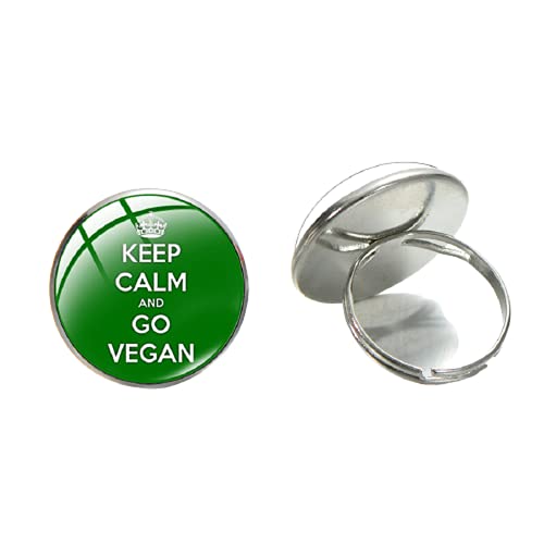 Anillo creativo vegano con texto en inglés "Keep Calm And Go", color verde, vegetales favorecer vegetariano, estilo de vida simple, anillo redondo