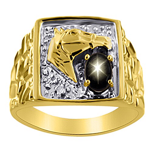 Anillo de plata de ley con diseño de estrella azul y diamante o cabeza de caballo de la suerte chapada en oro amarillo de 14 quilates