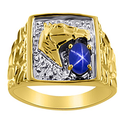 Anillo de plata de ley con diseño de estrella azul y diamante o cabeza de caballo de la suerte chapada en oro amarillo de 14 quilates