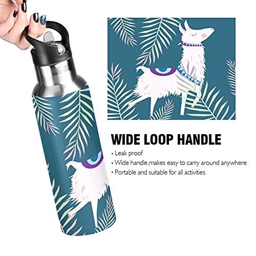 Animal Alpaca Llama Botella de agua con tapa de paja, hojas de palma tropicales aisladas al vacío, botella deportiva de acero inoxidable, termo taza sin BPA