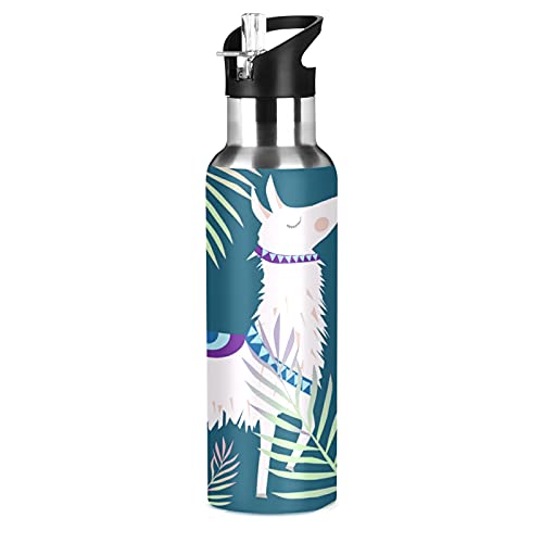 Animal Alpaca Llama Botella de agua con tapa de paja, hojas de palma tropicales aisladas al vacío, botella deportiva de acero inoxidable, termo taza sin BPA