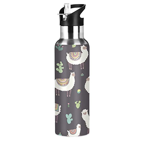 Animal Llama Alpaca Botella de agua con tapa de paja, cactus tropicales aislado al vacío, botella deportiva de acero inoxidable, termo taza sin BPA