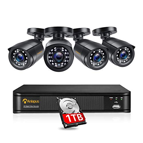Anlapus 1080P Sistema de Seguridad 8 Canales H.265+ Grabador DVR con 4 CCTV Cámaras de Vigilancia Exterior, 1TB Disco Duro, IR Visión Nocturna